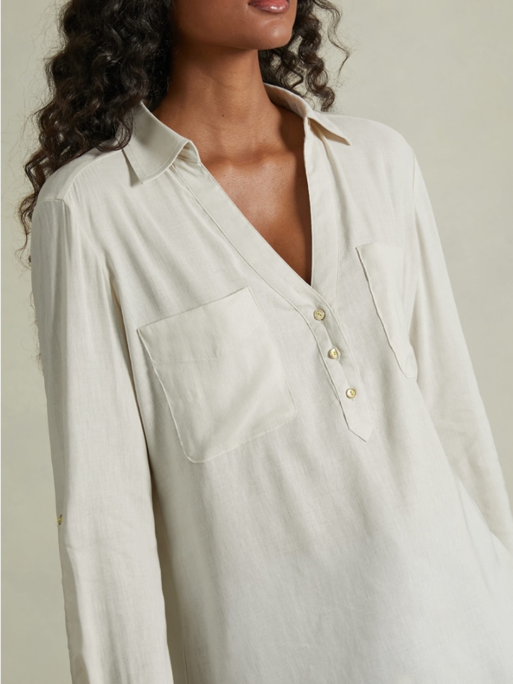 Loft Light Beige Long Sleeve Button Henley Blouse